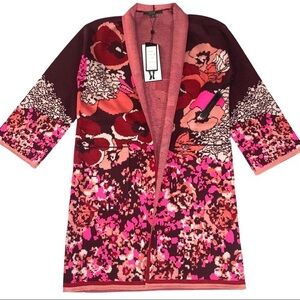 MaxSport XS burgundy floral knit duster BOHO 3/4 sleeve open front Shaw collar